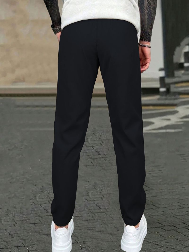 Pantaloni casual slim fit da uomo - Tinta unita, design a nove punti, dettaglio etichetta in pelle, comodi pantaloni con tasche_voghion.com