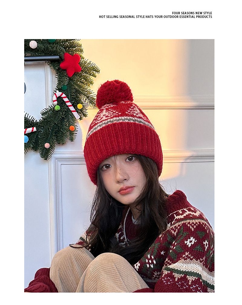 Gorro navideño rojo de lana para niños, ideal para el invierno. Grueso, cálido y con protección para las orejas. Perfecto para parejas, estudiantes y personas que buscan un gorro de punto resistente al frío._voghion.com