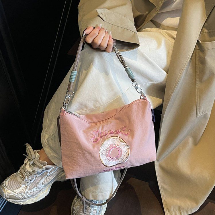 Embroidered Donut Handbag Nylon Fabric Trendy Women Japanese And Korean Style Casual Outing Commuting Crossbody_voghion.com