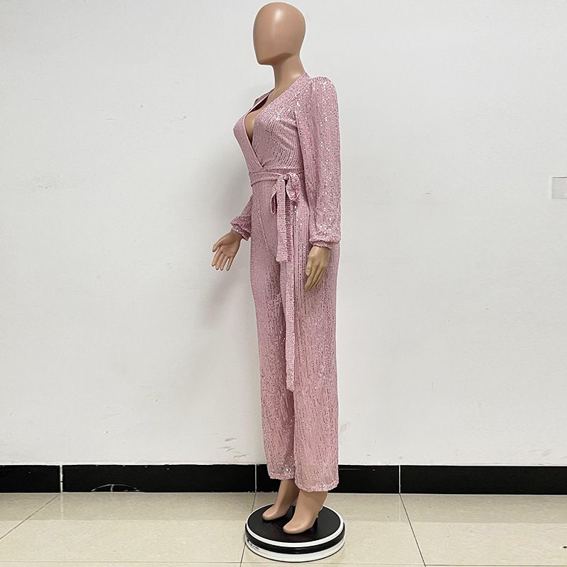 Damkläder Ins Style Deep V Mode Casual Jumpsuit Långärmat Bälte Paljett Jumpsuit Dam_voghion.com