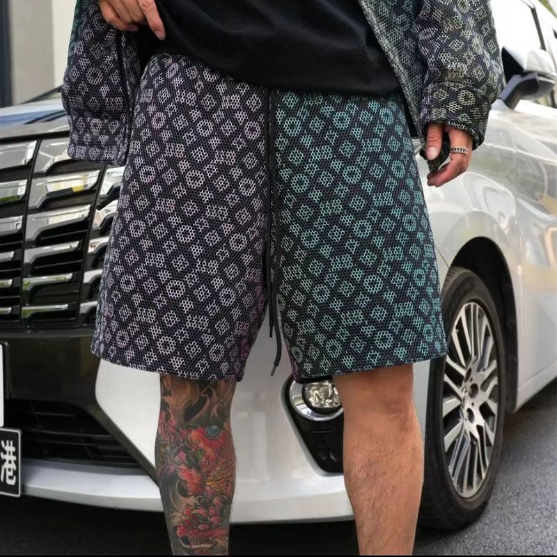 Herrenbekleidung Neuer Sonnenschutzanzug für Frühling und Sommer Neon-Farbverlaufsgitter Persönlichkeitsdesign Trendy All-Match Atmungsaktive Jacke Shorts_voghion.com