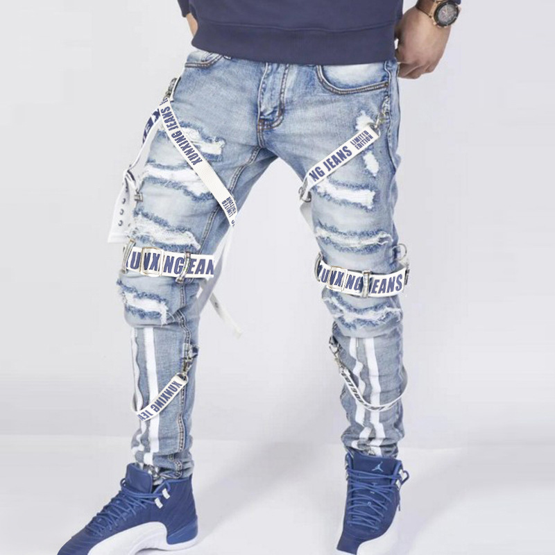 Jean avec ruban en tissu autocollant, avec pieds cassés, fermeture éclair, vêtements Slim pour hommes, à la mode, 2021_voghion.com