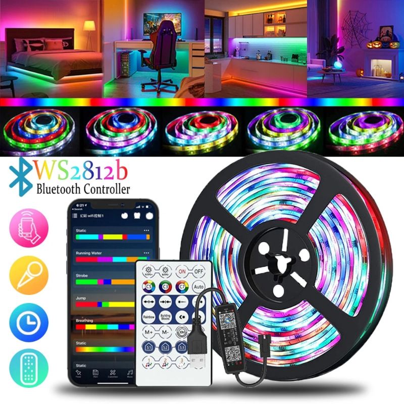 Bande lumineuse LED RVB 5 V avec 18 LED/m – SMD 5050, télécommande 28 touches et contrôle par application (Bluetooth), éclairage flexible DIY pour la maison, la scène et la décoration de fête._voghion.com