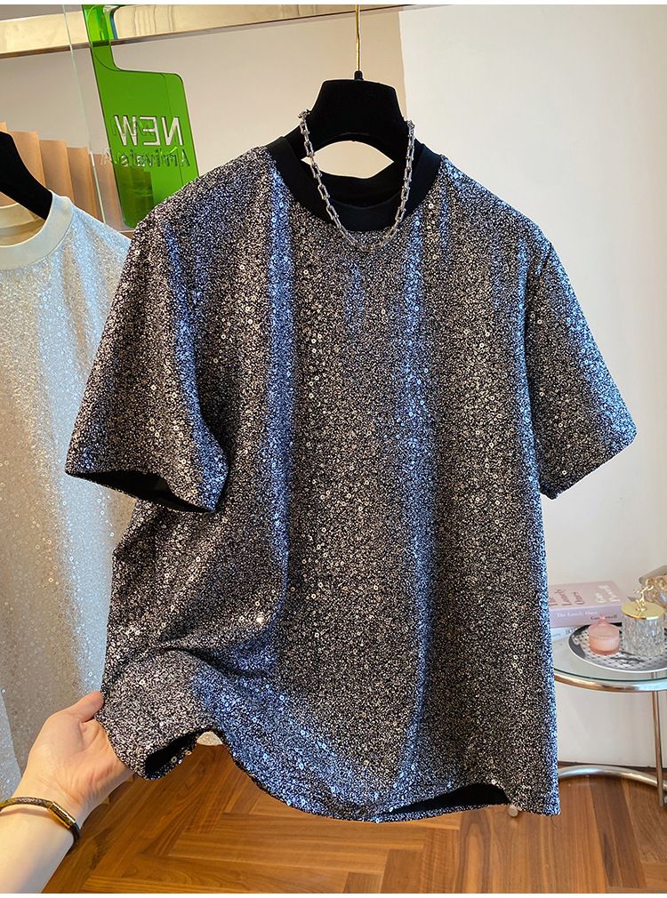 2024 New Loose European Style Sequin Shiny Silk T-Shirt Men's Short Sleeve Unique Chic Design Handsome Top_voghion.com