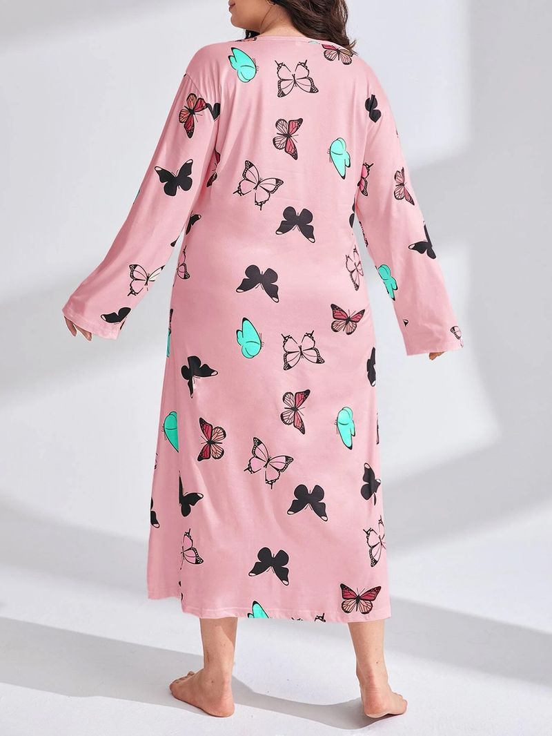 Damenbekleidung Langärmliges Nachthemdkleid mit Schmetterlings- und Herz-Leopardenmuster, überschnittener Schulter, großer Größe_voghion.com