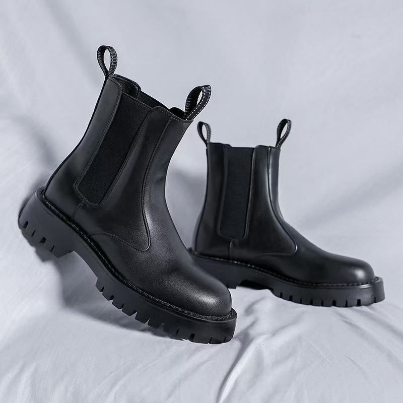 Chelsea Boots Men's High-top Leather Shoes, Cigarette Boots, Martin Boots Men's Velvet Black Boots Men's_voghion.com