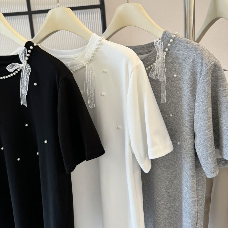 T-shirt décontracté à manches courtes et col rond pour femme, nouveau modèle d'été 2025, amincissant et polyvalent, avec bijoux incrustés_voghion.com