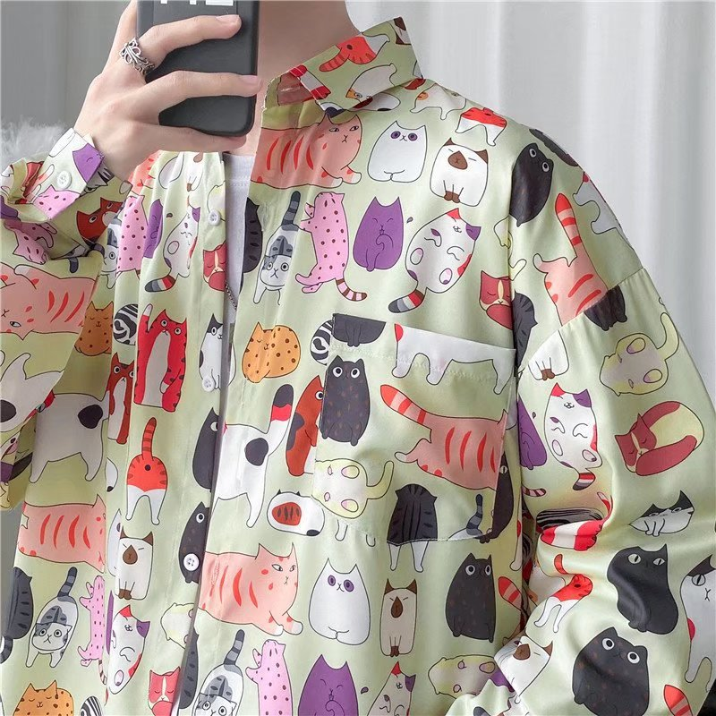 Spring and Autumn Fashion Brand Instagram Pi Shuai Long sleeved Flower Men's Loose Korean Shirt Hip Hop Street Coat_voghion.com