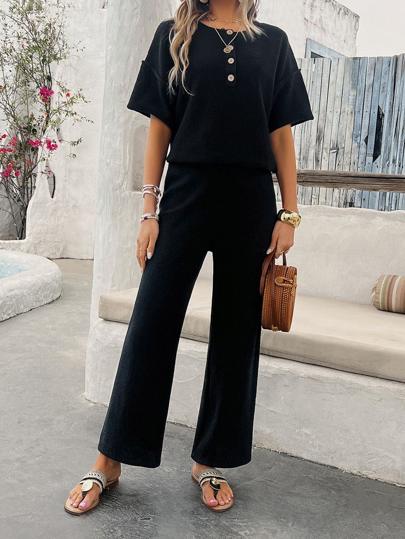 Women's Clothing Spring And Summer Temperament Leisure Solid Color Knitted Short Sleeved Trousers Suit_voghion.com