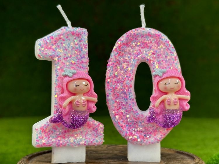 Kreatywny tort, cyfrowa świeca, różowa syrenka, przyjęcie urodzinowe, ręcznie robiona dekoracja_voghion.com