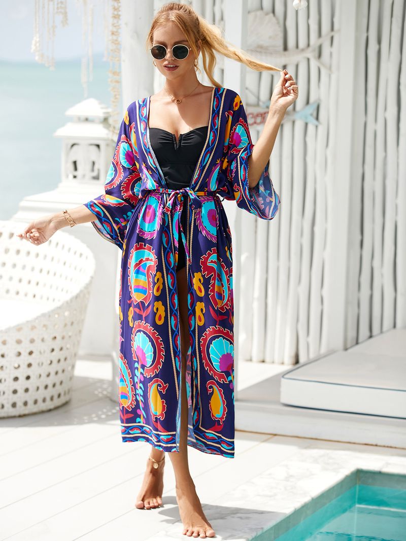 Women's Beach cover-up rayon positioning printed cardigan holiday sun protection shirt _voghion.com