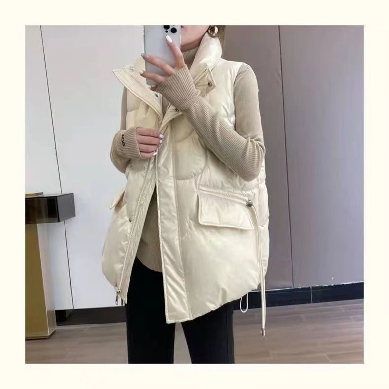 Gilet trapuntato leggero da donna, giacca senza maniche con collo alto, capospalla casual in stile coreano, nero e champagne_voghion.com
