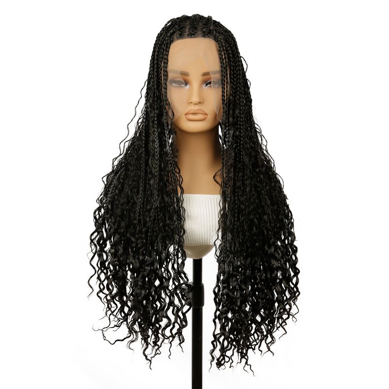 Haarverlängerungen Perücken Dreisträngige Zopf-Konkubinenperücke Weibliche Vollspitze Zopf-Kopfbedeckung Chemiefaser Häkeln Schwarz Dirty Braid Set_voghion.com