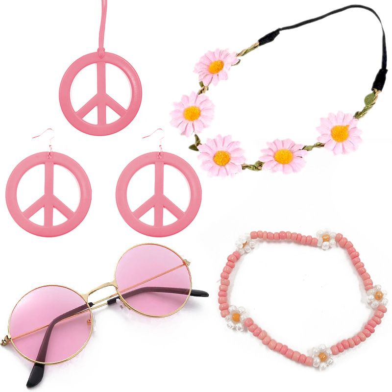 Hippie-Karnevalsbrille, Kopfbedeckungsset und Peace-Emblem-Ohrringe mit Halskette_voghion.com