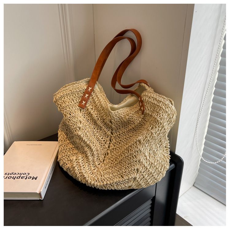 Borsa di paglia Borsa intrecciata Borsa di paglia intrecciata Mori Borsa da spiaggia per donna Borsa da spiaggia intrecciata Borsa a tracolla singola di grande capacità_voghion.com
