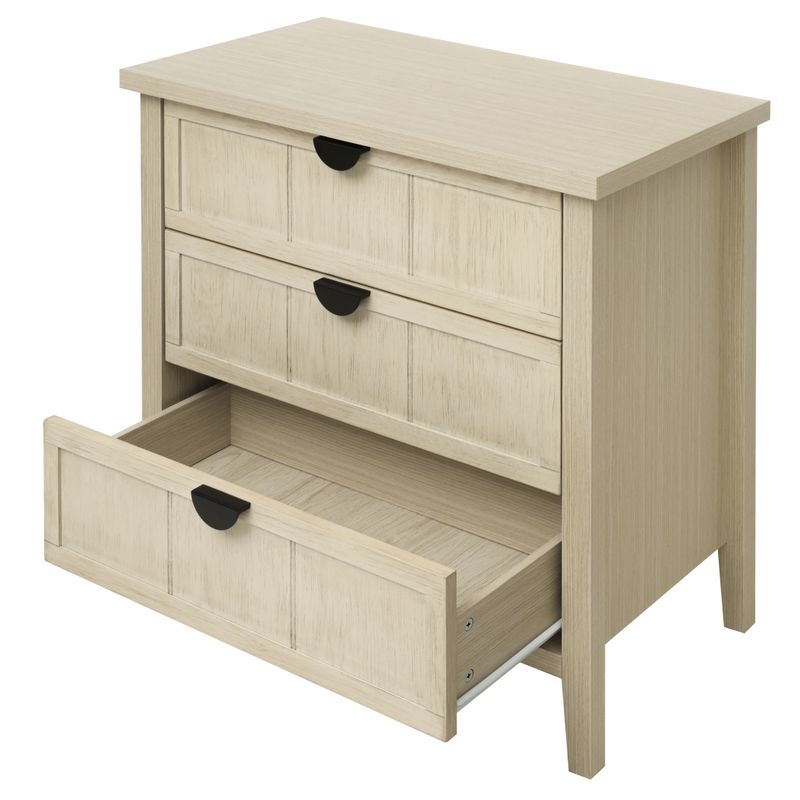 Meuble de rangement 3 tiroirs 80 x 40 x 80 cm, buffet aspect bois naturel avec sculptures linéaires, pour salon, chambre, bureau et étude._voghion.com