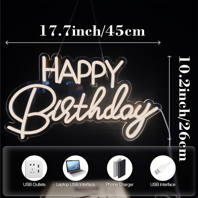 1 Stück Happy Birthday LED-Flüssig-Neonlicht, warmweißes LED-Wandlicht mit Schalter, USB-Stromversorgung, Kunststoffmaterial, 17,7 * 10,2 Zoll_voghion.com