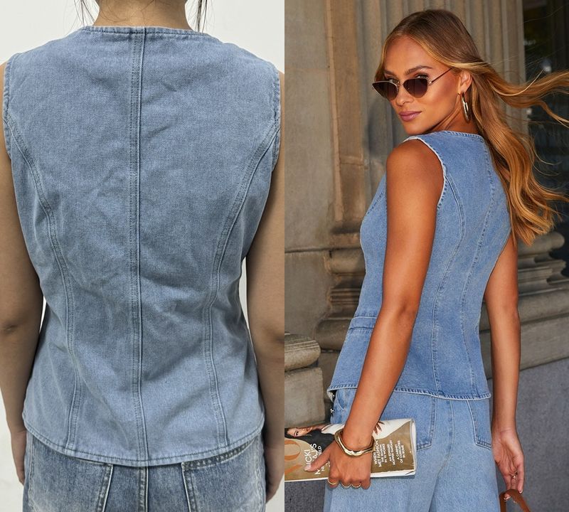 Roupas femininas cor sólida solta moda manga comprida denim terno calças de perna larga_voghion.com