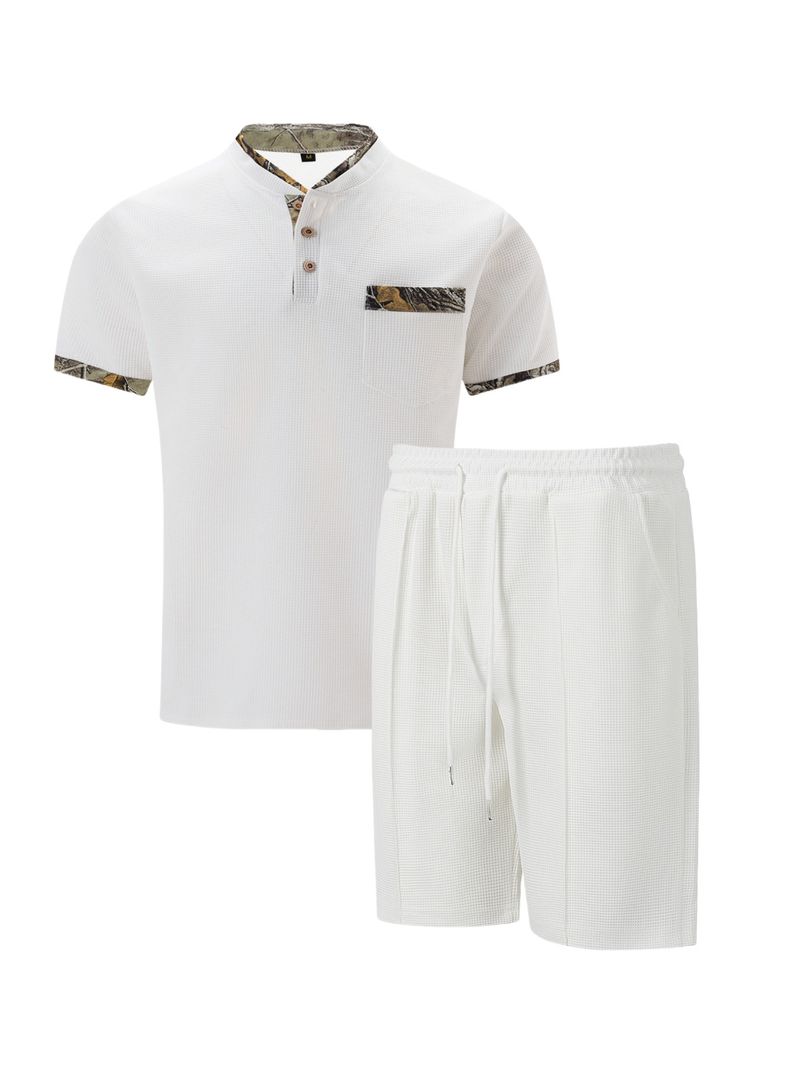 Men's Waffle Knit Short Sleeve Stand Collar Shirt & Shorts Set - Summer Casual Outfit With Color Block Design_voghion.com