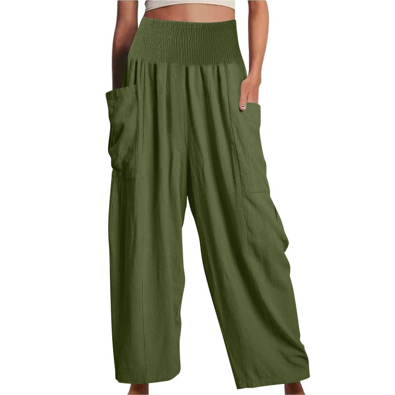 Damenbekleidung Leinenhose mit weitem Bein, lässig, locker, hohe Taille, Strand-Palazzo-Haremshose_voghion.com