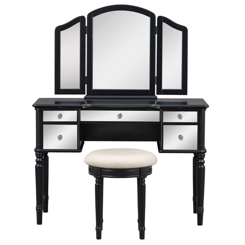 43" Dressing Table Set With Mirrored Drawers And Stool, Tri-fold Mirror, Makeup Vanity Set For Bedroom, Black_voghion.com
