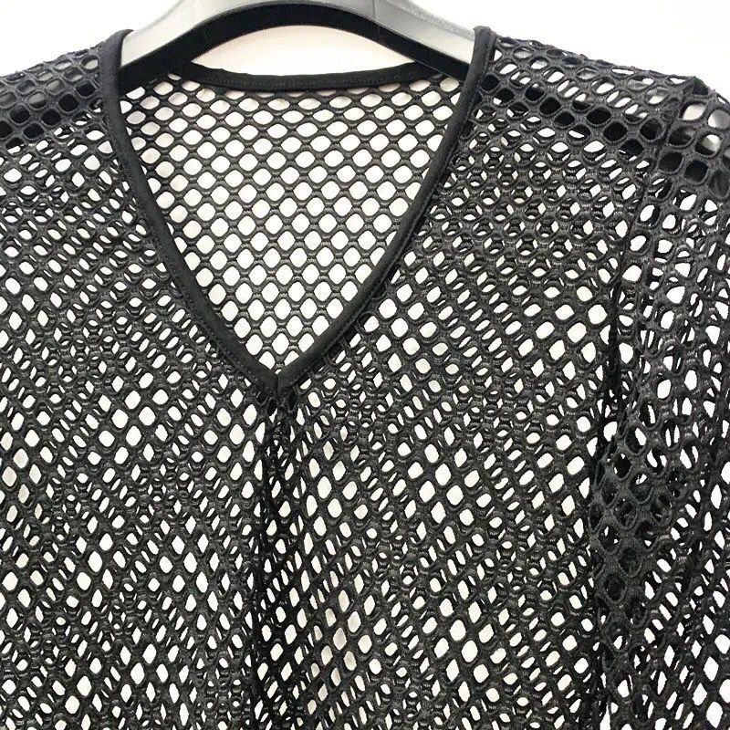 Men's Clothing Slim mesh vest short mesh spring and summer new product performance male model personality round neck waist hollow blouse_voghion.com