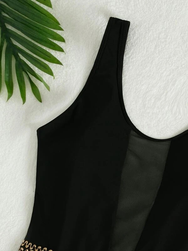 Women's V-neck mesh sequin board strap solid color one-piece swimsuit sexy lady swimsuit female bikini_voghion.com