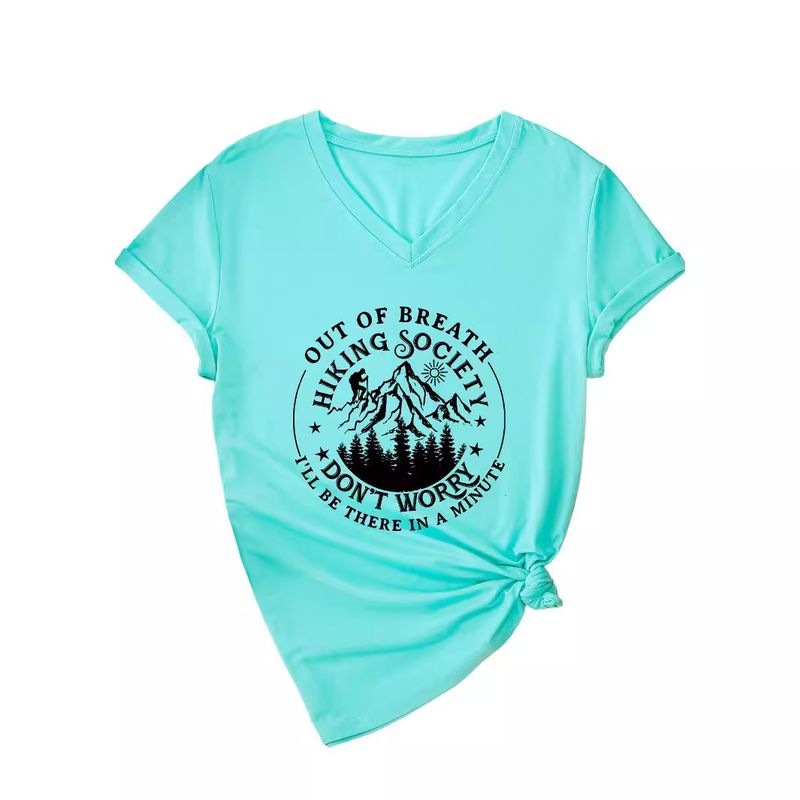 Sommar V-ringad Ny Slim Fit Out Of Breath Hiking Society Mångsidig Kortärmad T-shirt För Dam_voghion.com