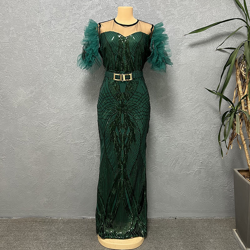 Paillettenkleid für Damen, schmal geschnittener Fischschwanz-Langrock, Bubble-Mesh-Ärmel, modische Abendgarderobe_voghion.com