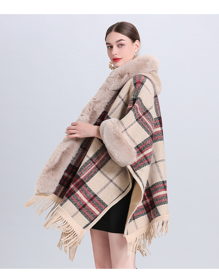 Dameskleding losse plaid plus fluwelen dikke bontkraag gebreide sjaal cape dameswollen sjaaljas_voghion.com