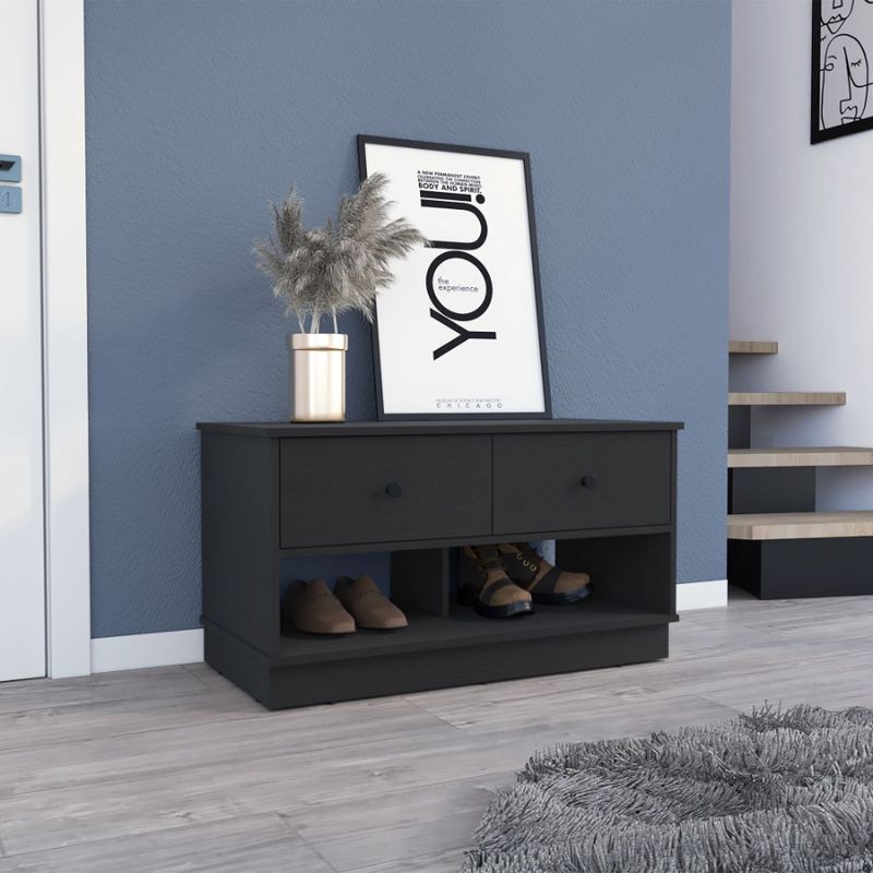 Gue Willamette 2Drawer Rectangle Storage Black 2Shelf Bench_voghion.com
