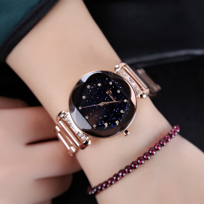 Demini Starry Sky Plate con cinturino in acciaio con diamanti Orologio da donna alla moda con doppio pulsante in oro rosa e viola_voghion.com