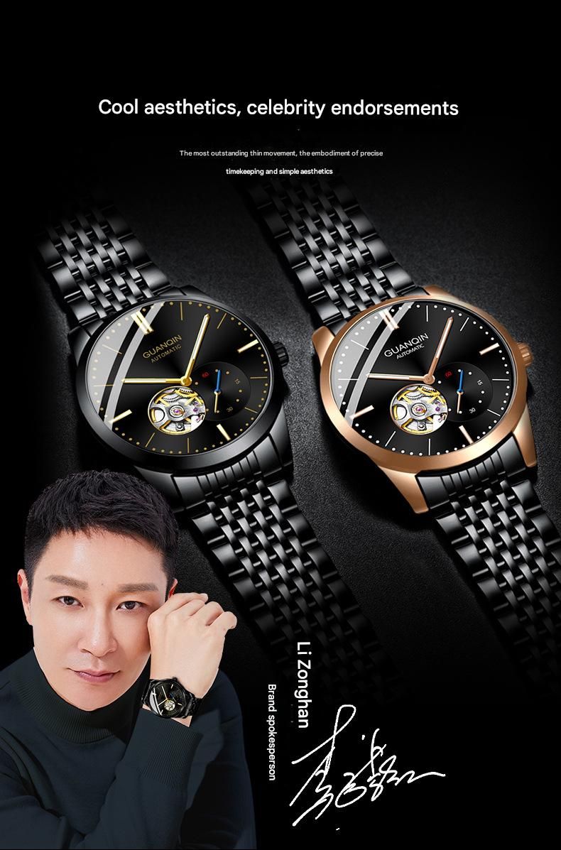 Orologio da polso da uomo GUANQIN con scheletro automatico, meccanico, luminoso, in acciaio inossidabile, stile vintage, con zaffiro, impermeabile_voghion.com