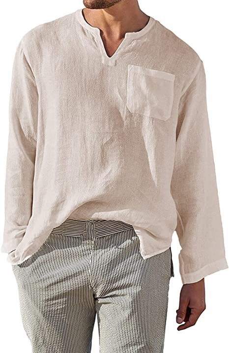 Unbeatable Quality Spring And Summer New Loose Multi-color Cotton Linen Long Sleeved For Men's Simple Standing Neck V-neck Shirt_voghion.com