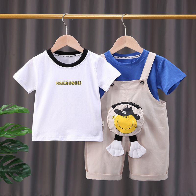 Conjunto de dos piezas de pantalones con banda trasera coreana para bebé de un año de edad, de manga corta y cara sonriente, para verano de 2024_voghion.com