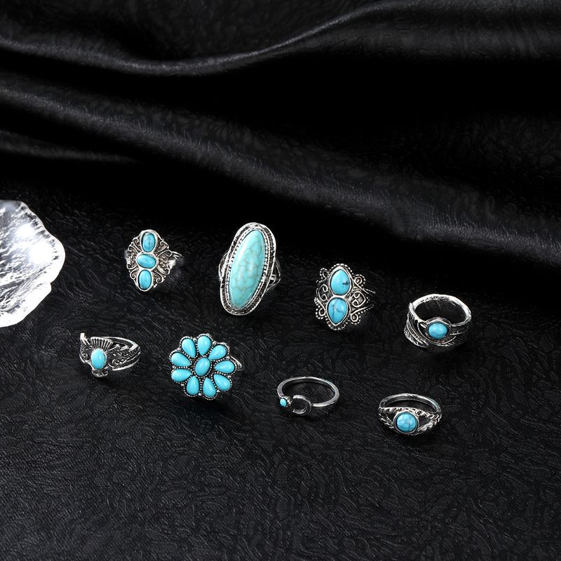 Bohemian Style Feather Moon Eagle Turquoise 8-piece Set Ring_voghion.com