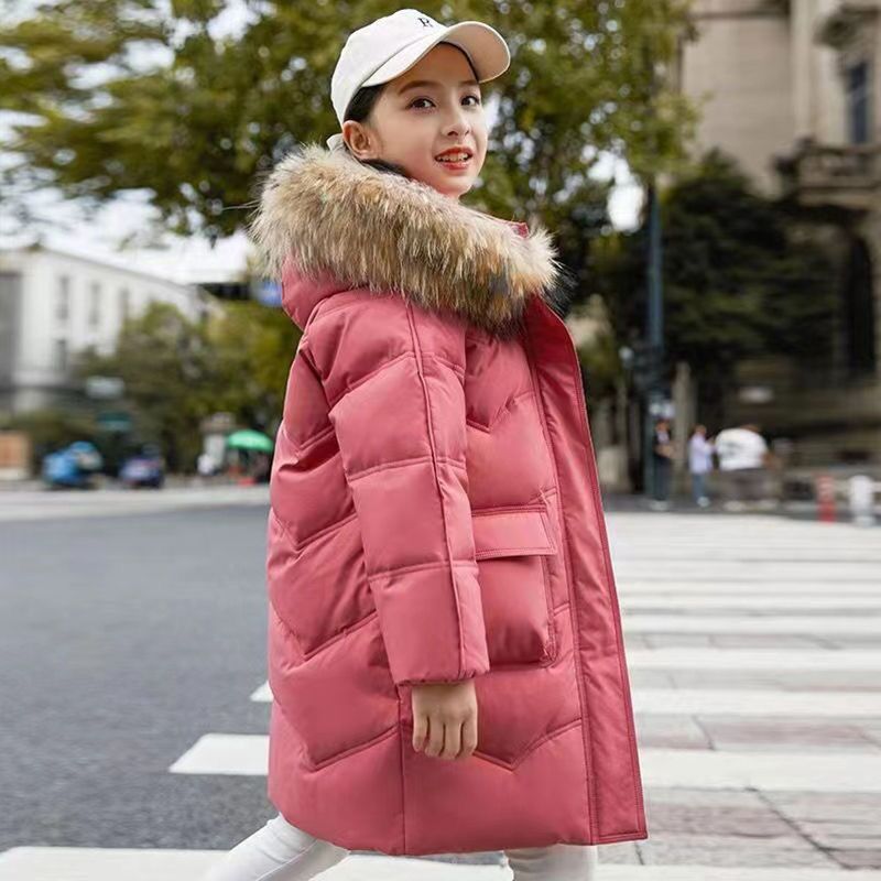 Giacca invernale imbottita in cotone per ragazze, stile coreano, taglia media e grande, per bambini, in cotone, con collo in pelliccia, taglia media e lunga_voghion.com