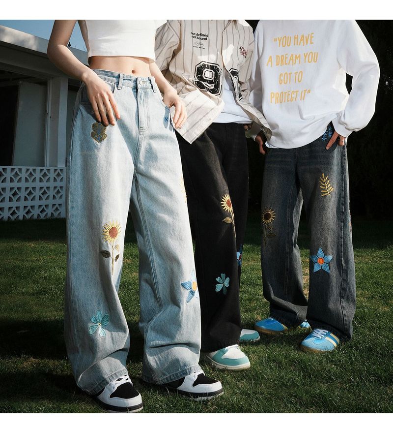 Jeans dritti primaverili e autunnali con design retrò e fiori ricamati da uomo_voghion.com