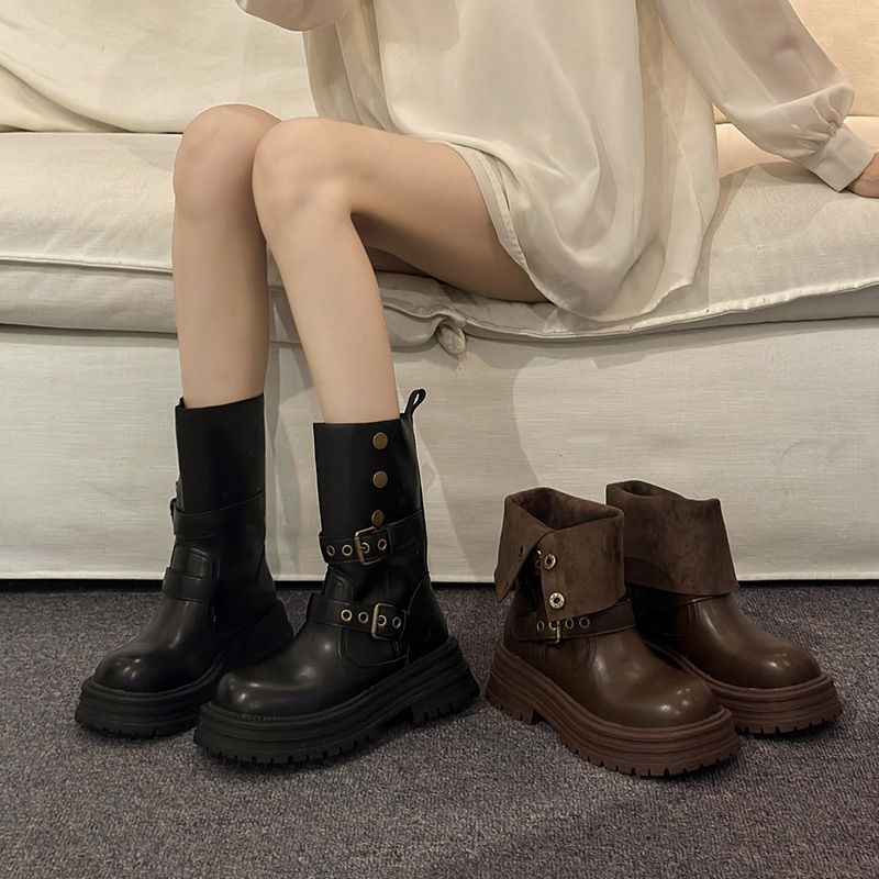 Braun für Damen 2024 Neuer Herbst Dickbesohlte Wadenhohe Zweiwege-Schlanke Kurze Stiefel Mit High-End-Feeling_voghion.com