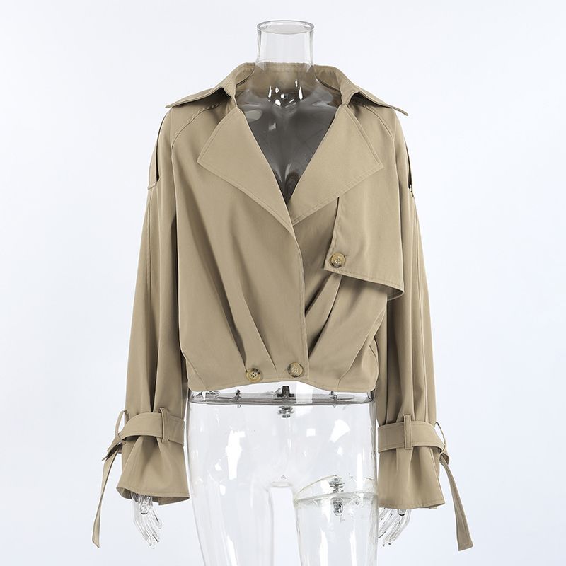 Women's Khaki Double-Breasted Trench Coat With Notched Lapel – Casual Blazer Jacket For Fall, Comfortable & Stylish_voghion.com