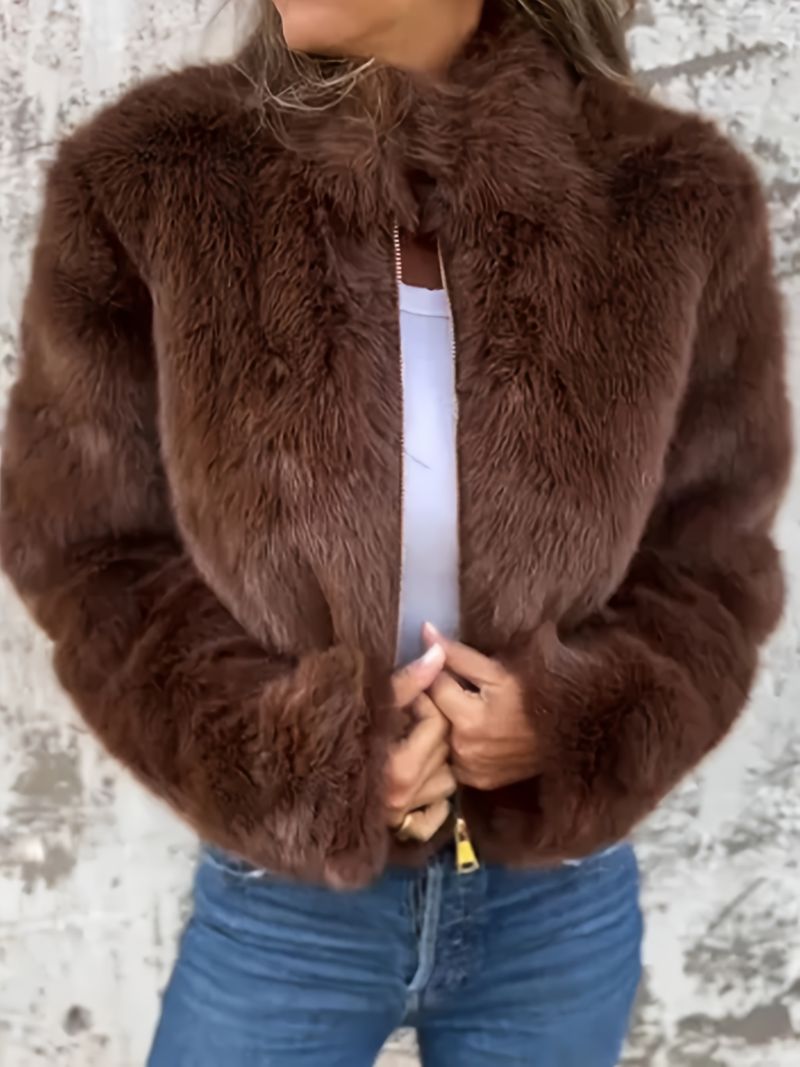 Women's Coat Brown/Black/Beige//Gray/White Elegant Zip-Up With Plush Trim, Hine Washable Fall Winter, Zip Front Closure_voghion.com
