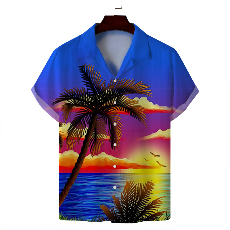 Men's Spring and Summer Thin Casual Cuban Collar Youth Printed Light Luxury Spot 3D Digital Printed Short-Sleeved Shirt for Men_voghion.com