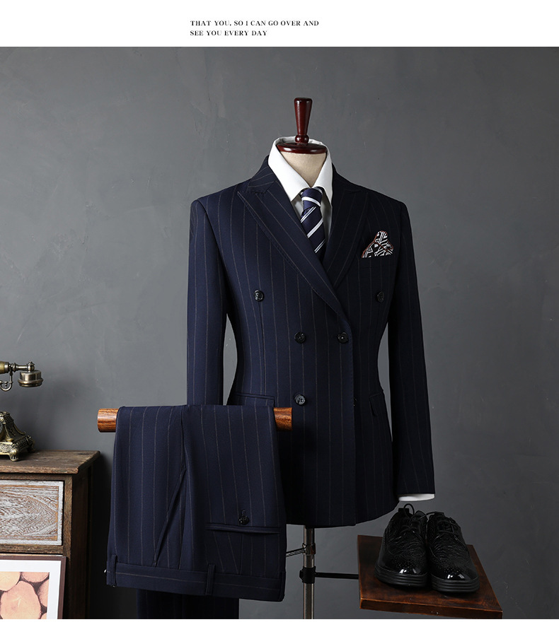 Slim Fit Zweireihiger Anzug für Herren – Blazer und Hose für den Bräutigam mit steigendem Revers, formelle Geschäfts- und Freizeitkleidung (Schwarz/Marineblau)_voghion.com