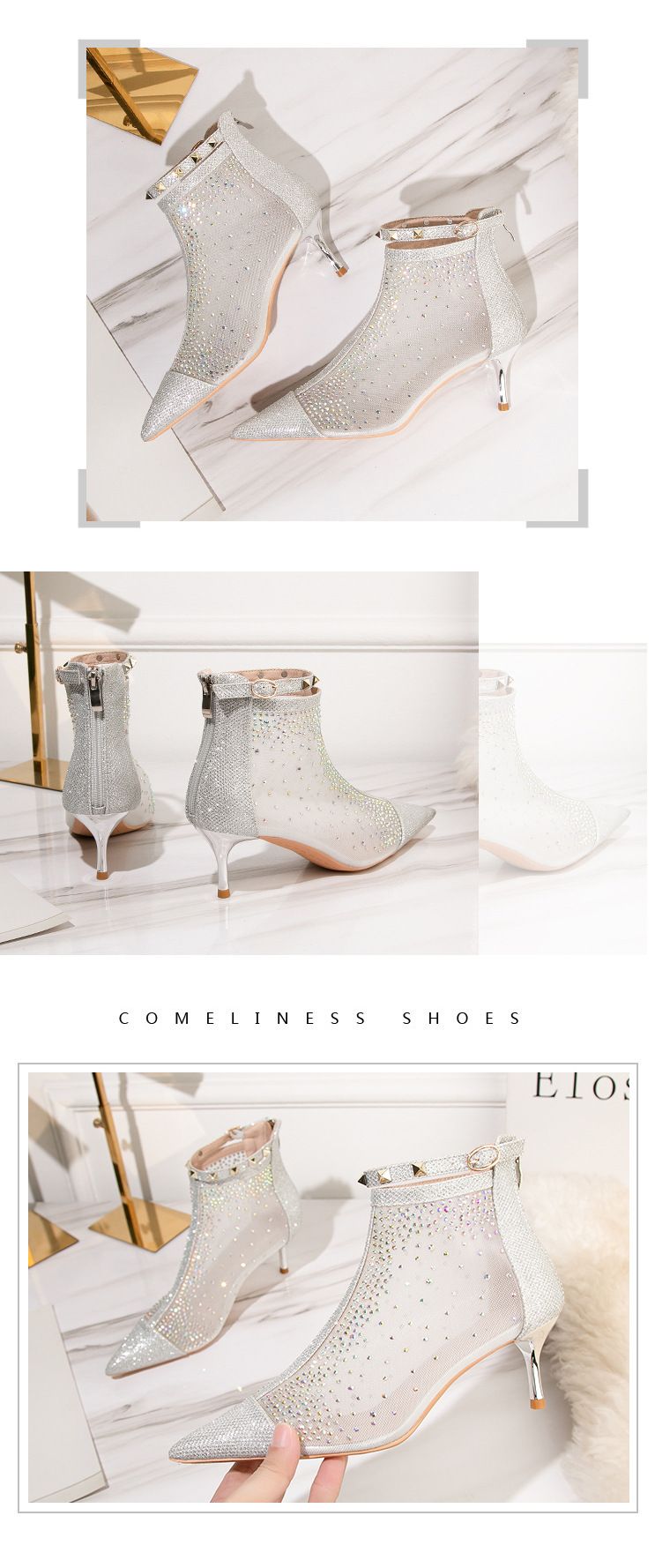 1885-5 mode femmes pointu eau diamant talon mince talons hauts maille mince Sexy bottes courtes_voghion.com
