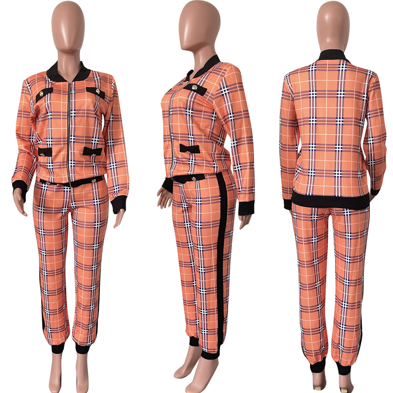 Traje casual de moda para mujer, abrigo con botones y pantalones con estampado de mil pájaros, conjunto de dos piezas_voghion.com