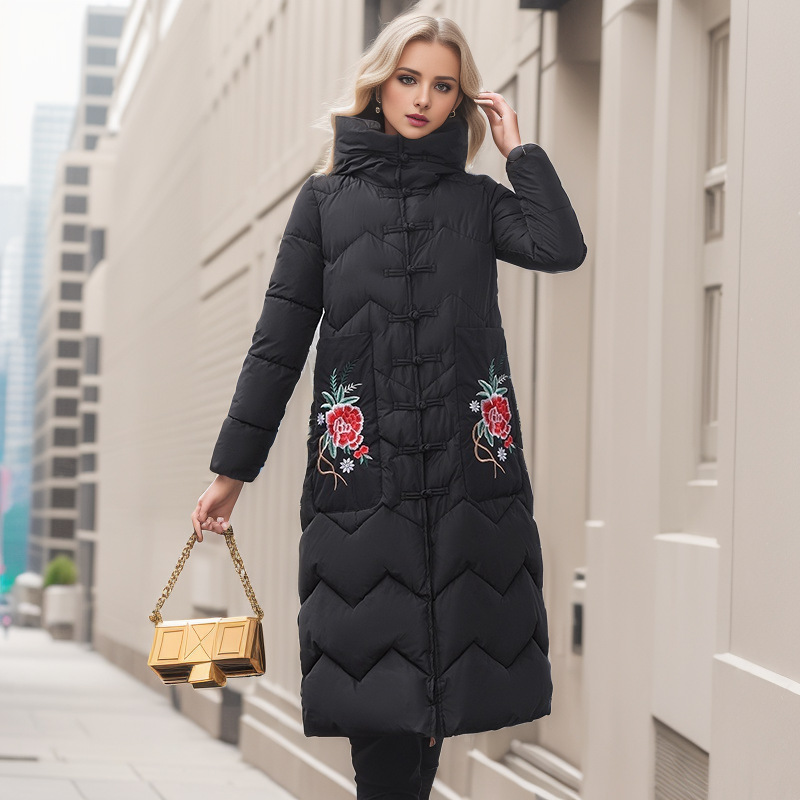 Ethnic style 2021 winter new polyester cotton long embroidered button hooded jacket factory sales_voghion.com