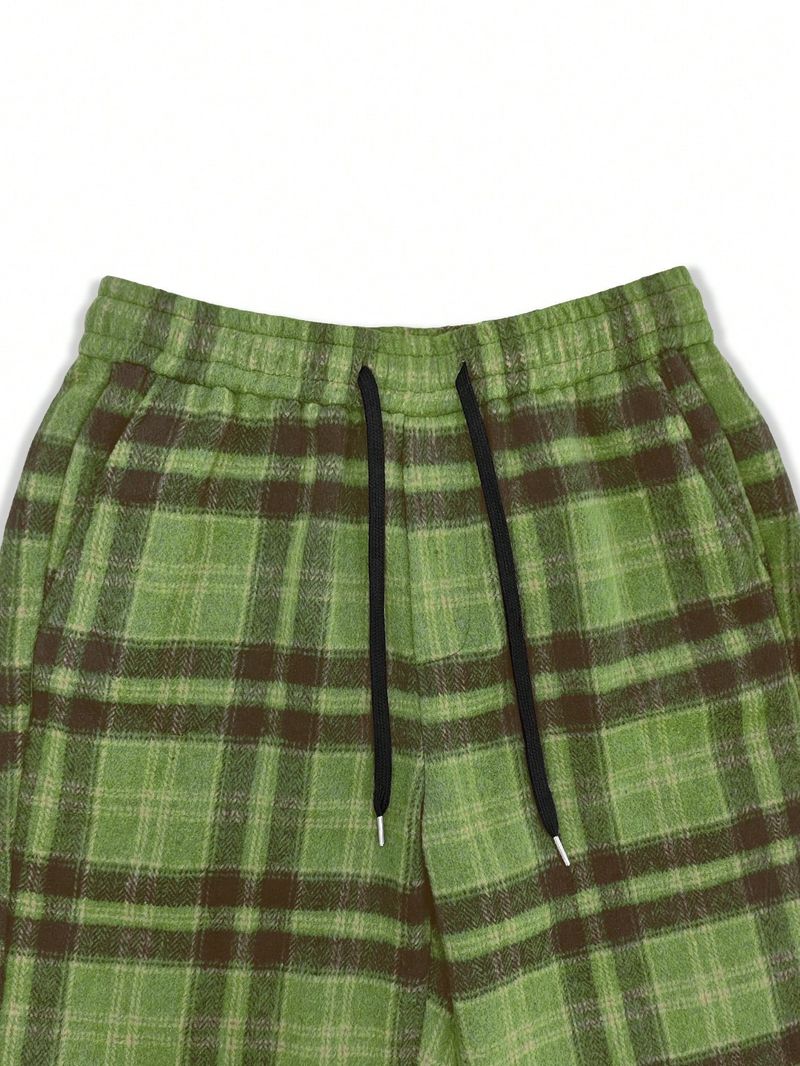 Herrenbekleidung, stilvolle karierte Hose mit weitem Bein, lässige bequeme Passform mit Farbblockdesign, Polyester-Stretchhose für den Alltag (schwarz)_voghion.com