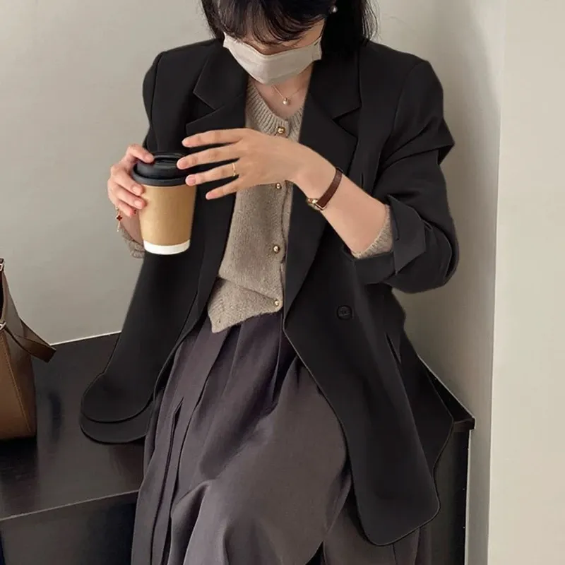 REALEFT Spring Autumn Elegant Grey Women's Blazer Jacket 2025 New Long Sleeve Single Button Office Lady Loose Outwear Fo_voghion.com
