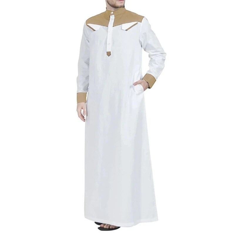 Traditionelle Kleidung Kontrastfarbe Muslimisches Kleid Naher Osten Jubba Thobe Herren Robe mit langen Ärmeln Mandarin-Ausschnitt_voghion.com