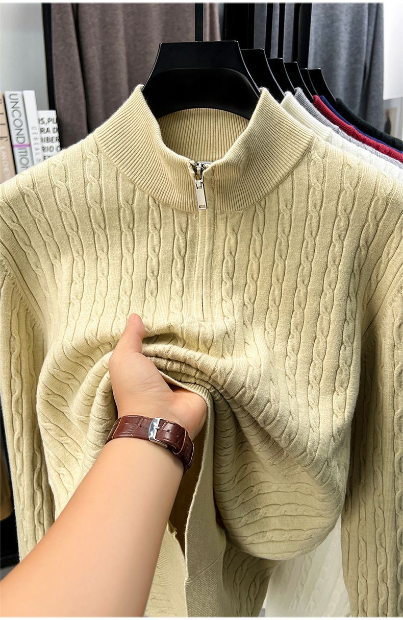 Herren-Strickpullover, dick, halbhoch geschnitten, mit Reißverschluss, lässig, lockere Passform, für Herbst/Winter_voghion.com